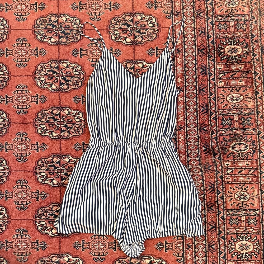 Divided M Blue & White Striped Stretch Knit‎ One-Piece Romper US Made Jumpsuit